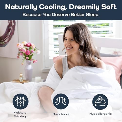 Olive + Crate Cooling Down Alternative Comforter - Hypoallergenic Queen Size Duvet Insert Lightweight - All Seasons Plush Design Bamboo Comforter - 100% Bamboo Viscose Outer Cover - White 88"x90" Olive + Crate