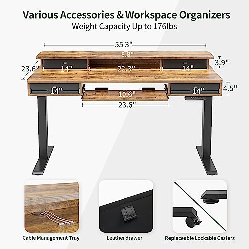 FEZIBO Height Adjustable Electric Standing Desk with 4 Drawers and Keyboard Tray, 55 x 24 Inch Table with Storage Shelf, Sit Stand Desk with Splice Board, Rustic Brown FEZIBO