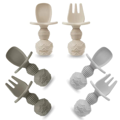 PandaEar 6 Pack Silicone Baby Spoons and Fork Feeding Set- Anti-Choke First Self Feeding Utensils for Baby Led Weaning Ages 3 Months (Tan,Walnut&Grey)