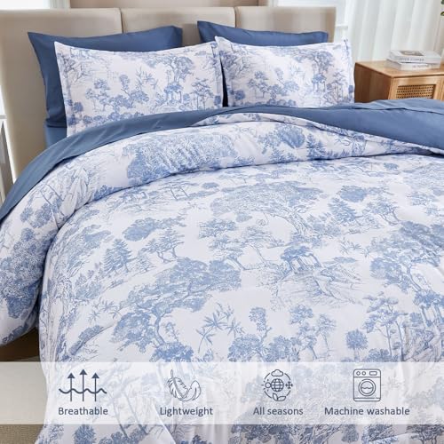 DJY Blue Comforter Set Full, 7 Pieces Full Size Flower Comforters with Sheets Elegant Plants Print Bed in a Bag Soft Microfiber Reversible Complete Bedding Sets for All Season DJY