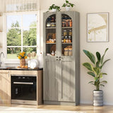 Cyclysio 80" Kitchen Pantry, Tall Arch Storage Cabinet with Tempered Glass Doors, Freestanding Wood Floor Cupboard Bookcase with Seamless Fit Wall for Dining Room, Living Room, Bathroom (Ash Grey) Cyclysio