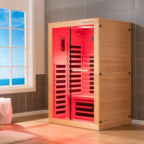 WOODBRIDGE Infrared Home Sauna Room 2 Person Hemlock Wooden Indoor Sauna,7 Carbon 1980W/120V Heaters,with Led Color Therapy Light,Bluetooth Speaker,Tempered Glass,Touch-Tone Keypad and A Top Vent