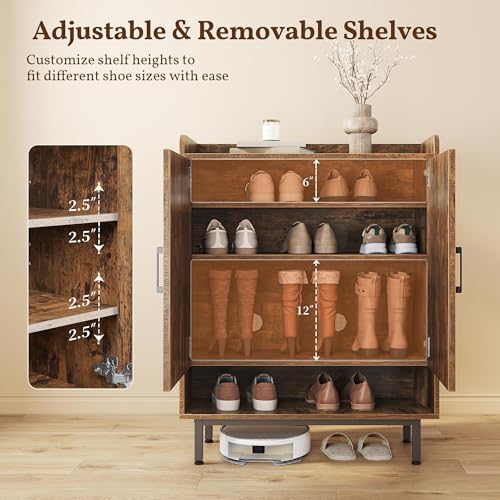 Yaheetech Shoe Storage Cabinet with Doors, Farmhouse Shoe Cabinet with 2 Adjustable Shelves and 4 Side Hooks, Wooden Shoe Rack Organizer Cabinet for Entryway, Foyer, Hallway, Rustic Brown Yaheetech
