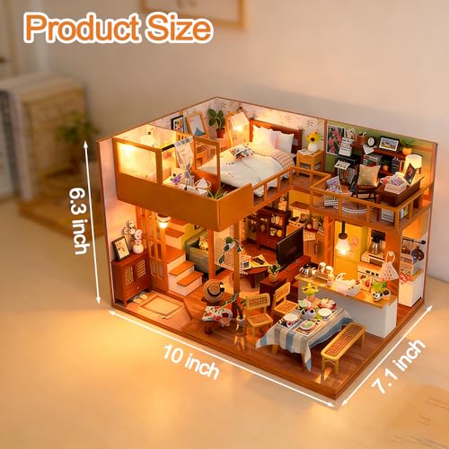 DIY Miniature Dollhouse Kit, Mini House Making Kit with Furnitures and Dust Cover, Tiny House Kit to Build for Adults, Hobby Craft Gift for Christmas Day, Japanese Style Loft