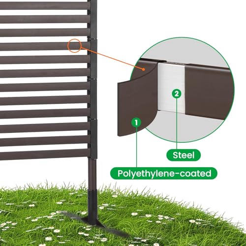 Metal Outdoor Privacy Screen with Stand, 3 ft W x 6 ft H PE-Coating Steel Pipes and Slats Panels, Decoative Privacy Screen Fence Panels Freestanding for Outside Patio Garden Backyard, Brown OTOSUNNY