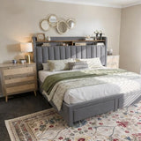 EnHomee King Size Bed Frame with 2 Metal Storage Drawers, Vertical Tufted Upholstered King Platform Bed with Headboard Shelf, 1000lbs Heavy Duty, No Box Spring Needed,Easy Assembly,Grey EnHomee