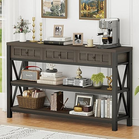 FATORRI Console Table with Storage for Entryway, Rustic Sofa Table with 3 Drawers for Living Room, Farmhouse Hallway Tables and Couch Tables Behind Sofa (54.72 Inch Long, Walnut Brown) FATORRI