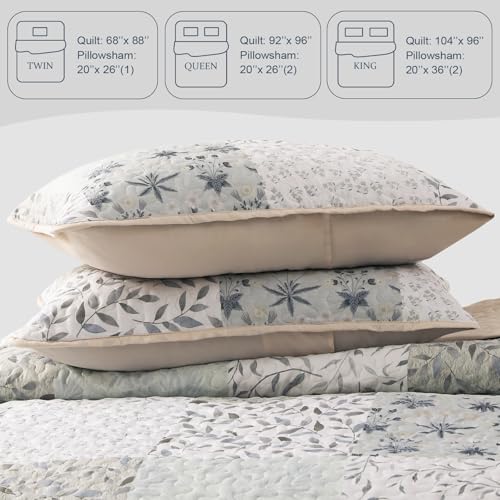 Exclusivo Mezcla Reversible Boho Quilts Queen Size, Gray Bedspreads Lightweight Coverlet All Season Patchwork Quilt Bedding Set with Printed Floral Pattern (1 Quilt, 2 Pillow Shams) Exclusivo Mezcla