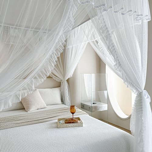 AIKASY 4 Corners Post Ruffle Princess Bed Canopy Curtain - Double Layer Cozy Drape Netting with 4 Openings - Elegant Mosquito Net for Girls and Adults Bedroom Decoration (White, Queen)
