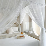 AIKASY 4 Corners Post Ruffle Princess Bed Canopy Curtain - Double Layer Cozy Drape Netting with 4 Openings - Elegant Mosquito Net for Girls and Adults Bedroom Decoration (White, Queen)