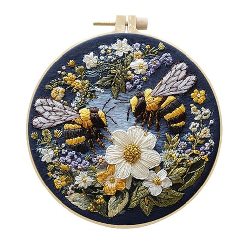 Huacan Embroidery Kit for Beginners Adults Includes Stamped Bees Pattern, Hoop, Color Threads,Tools,Easy to Follow Instruction