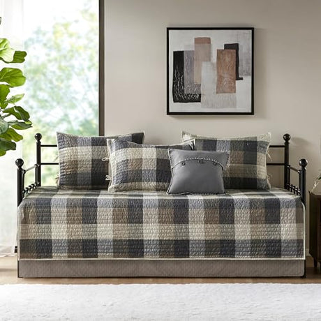 Madison Park Ridge Daybed Cover Set - Cabin Lodge Plaid Herringbone Print Reversible Design, All Season Luxury Bedding with Bedskirt, Matching Shams, Decorative Pillow, 39"x75", Neutral 6 Piece Madison Park