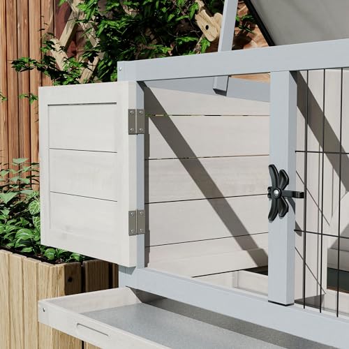 PawHut Elevated Wooden Rabbit Hutch, Indoor/Outdoor Bunny Cage with Hinged Asphalt Roof and Removable Tray for Guinea Pig, Gray - WoodArtSupply