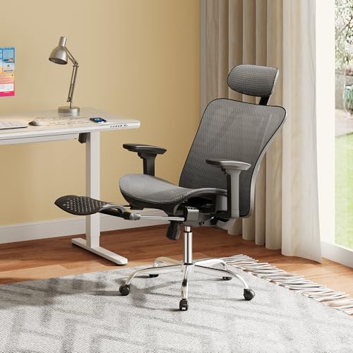 DEVAISE Ergonomic Mesh Office Desk Chair, Retractable Footrest and Adjustable Lumbar Support, Comfy High Back Reclining Computer Gaming Chair, Tilt Function, Heavy Duty, SGS Class 4 Gas Lift, Grey DEVAISE