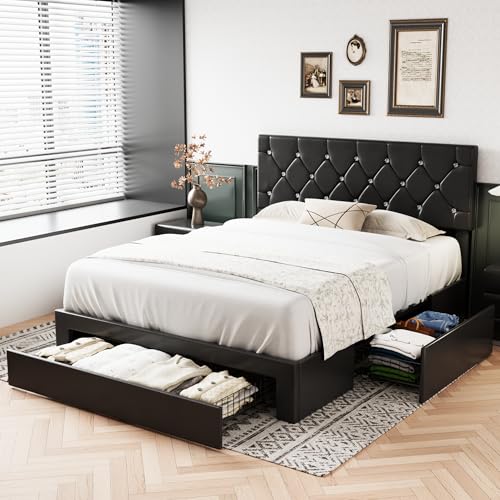 VECELO Full Size Bed Frame with 3 Storage Drawers, Leather Upholstered with Diamond Tufted Headboard, Solid Wood Slat Support & Steel Framework, PU & Black VECELO