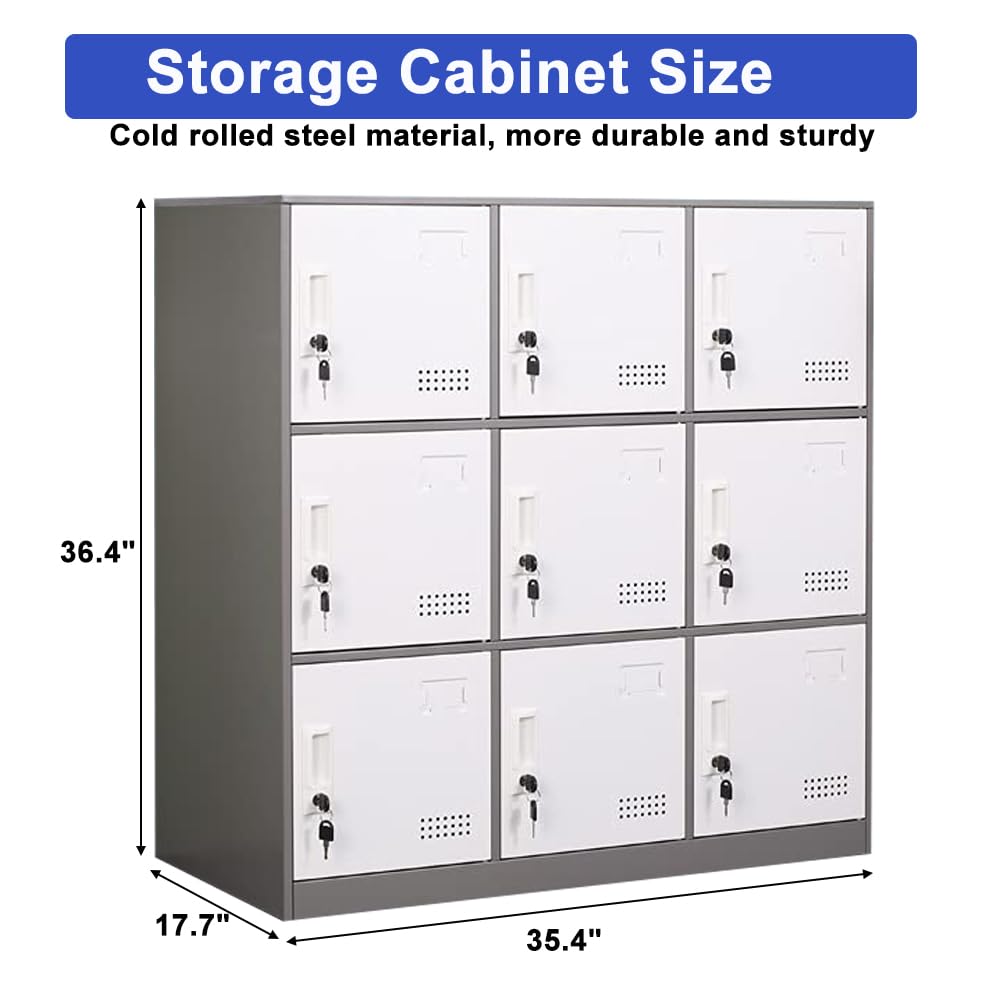 iCHENGGD Metal Locker 9 Door Storage Cabinet, Steel Storage Lockers for Employees, with Lock and Ventilation, Office School Gym Use (Grey) iCHENGGD