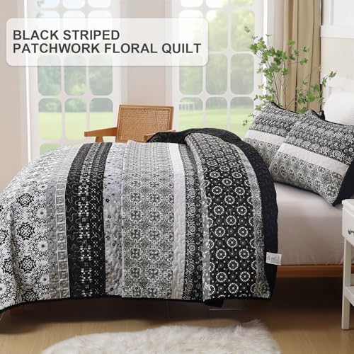 WONGS BEDDING Boho Quilt Set King, Bohemian Black Striped Patchwork Bedspread Coverlet Set with 2 Pillowcases,Lightweight Microfiber Floral Bedding Set 104"×90" WONGS BEDDING