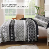 WONGS BEDDING Boho Quilt Set King, Bohemian Black Striped Patchwork Bedspread Coverlet Set with 2 Pillowcases,Lightweight Microfiber Floral Bedding Set 104"×90" WONGS BEDDING