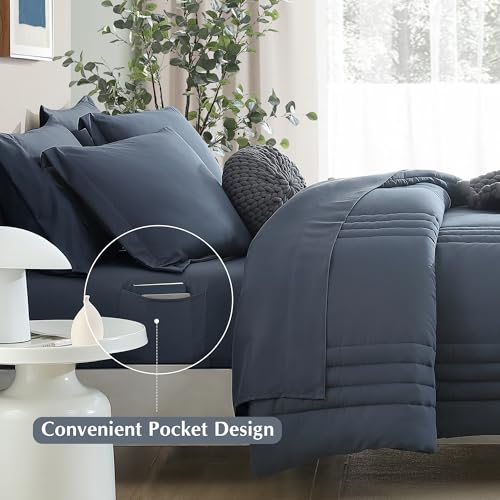 Monbix King Size Comforter Set - 7 Pieces Bed in a Bag King, Blue Gray Bedding Sets with Comforter, All Seasons Comforter Bed Set with Sheets, Pillowcases & Shams Monbix