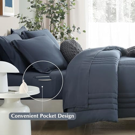 Monbix King Size Comforter Set - 7 Pieces Bed in a Bag King, Blue Gray Bedding Sets with Comforter, All Seasons Comforter Bed Set with Sheets, Pillowcases & Shams Monbix