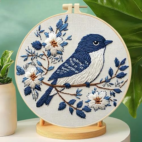 jinglinhh Embroidery Starter Kit Tit Bird Flowers for Adult Beginners, DIY Stamped Cross Stitch Kit Kit with Hoops, Threads & Embroidery Cloth, Needlework Craft Gift for Women
