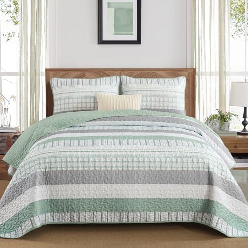 DJY Striped Quilt Set King Size, Sage Green Boho Bedspread Set 3 Pieces Patchwork Coverlet Bedding Set Lightweight Soft Microfiber for All Season (104"x90") DJY