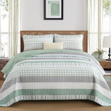 DJY Striped Quilt Set King Size, Sage Green Boho Bedspread Set 3 Pieces Patchwork Coverlet Bedding Set Lightweight Soft Microfiber for All Season (104"x90") DJY