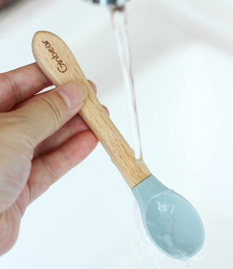 Ginbear Silicone Baby Spoon and Fork Set Self-feeding, Baby Flatware Sets, Toddler Feeding Utensils for Child 6 Months+ (Hazy Green/Almond) Ginbear