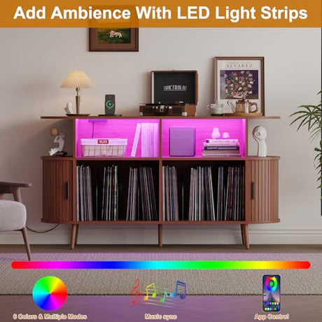 LMSXG-MZ 55.1" Fluted Record Player Stand with USB & App Control LED Lights, Mid-Century Modern Vinyl Storage Cabinet, Holds 300+ Records, Turntable Stand for Living Room(Walnut, 55.1") LMSXG-MZ