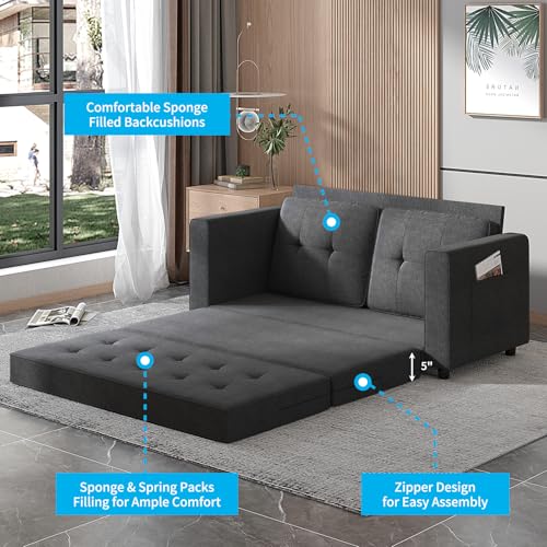 Mjkone Futon Floor Pull Out Sofa Bed, Folding Loveseat Sleeper with Tri-Fold Pullout Beds, 55" Width 2-in-1 Multi-Function Fold Out Gaming Sleeper Sofas Couch for Living Room Home Office, Dark Grey Mjkone