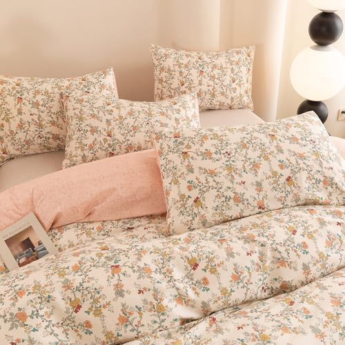 ECOCOTT Reversible Floral Duvet Cover Queen Size – 3 Piece 100% Washed Cotton Bedding Set, Soft Breathable Comforter Cover with Zipper Closure & Corner Ties ECOCOTT
