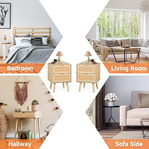 LAZZO Set of 2 Nightstands Wooden Night Stands with Rattan Drawers Home Bedside End Table for Bedroom (2 Drawers Design) LAZZO