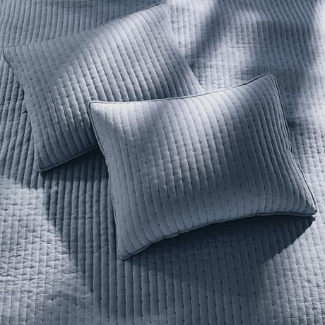 WDCOZY Blue Cross Stitch King Size Quilt Set, Striped Lightweight Soft Bedspread, Channel Farmhouse Rustic Coverlet, All Season Country Bedding, Thin Comforter WDCOZY