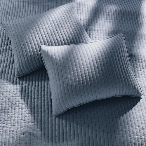 WDCOZY Blue Cross Stitch Twin Size Quilt Set, Striped Lightweight Soft Bedspread, Channel Farmhouse Rustic Coverlet, All Season Country Bedding, Thin Comforter WDCOZY