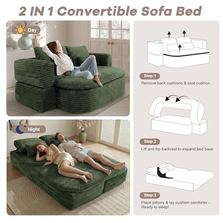 IZLKQC 75'' Folding Sleeper Sofa Bed, Convertible Memory Foam Boneless Couch, Foldable Full Size Guest Bed, Modern 2-in-1 Futon Floor Sleeper Sofa with 4 Pillows and Blanket (Corduroy, Green) IZLKQC