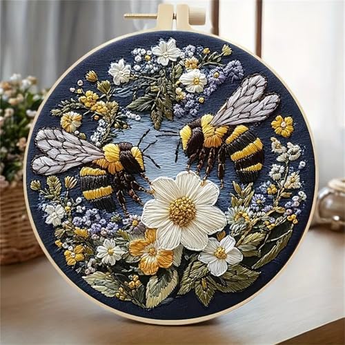 Huacan Embroidery Kit for Beginners Adults Includes Stamped Bees Pattern, Hoop, Color Threads,Tools,Easy to Follow Instruction