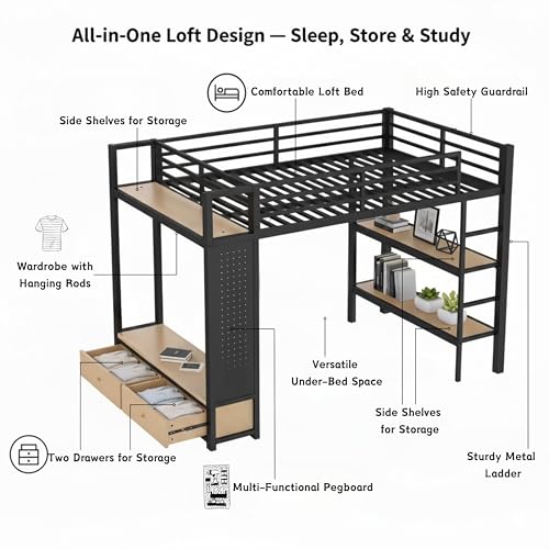 ICIUIOIR Full Size Loft Bed with Storage, Space-Saving Loft Beds with Shelves, Drawers, Pegboard and Wardrobe, MDF + Metal Bed Frame/Full ICIUIOIR
