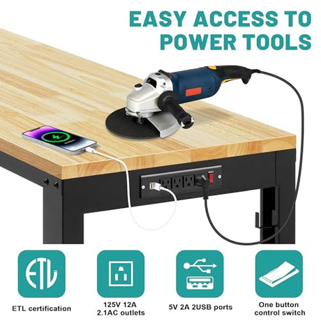 48" Heavy Duty Workbench, Solid Wood Working Bench Adjustable Height Rolling Work Tables with Power Outlets for Home Office, 1800 Lbs Capacity (Metal Wheels丨Rubber Pad丨48 x24 丨Socket) Hombanyan