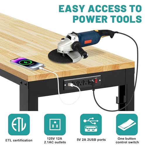 48" Heavy Duty Workbench, Solid Wood Working Bench Adjustable Height Rolling Work Tables with Power Outlets for Home Office, 1800 Lbs Capacity (Rubber Pad丨48 x24 丨Socket) Hombanyan