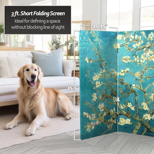 Red Lantern Double Sided Works of Van Gogh Canvas Folding Screen - Almond Blossoms/Wheat Field, 3 ft Short - 3 Panel Red Lantern
