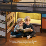 DICTAC Low Twin Loft Bed with Reading Corner,3 Sling Drawers and 2 Movable Storage Bins,Metal Twin Size Loft Bed for Kids with LED Lights and Storage Basket,13.98" H Safety Guardrail & Stairs, Black DICTAC