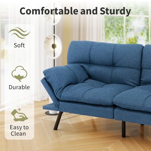 Vipbear 71" Futon Sofa Bed - Convertible Sofa Beds/Adjustable Backrest & Armrest, Comfy Loveseat Sleeper for Small Spaces, Apartments & Offices,Linen Fabric Blue Futons Vipbear