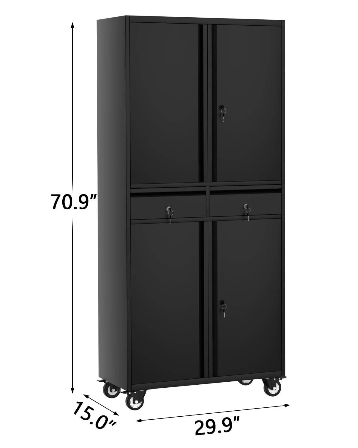 GarveeHome 72" Metal Storage Cabinet with Wheels, Locking Doors & 2 Drawers,Heavy Duty Rolling Garage Organizer with 3 Adjustable Shelves (with Wheels, with 2 Draws) GarveeHome