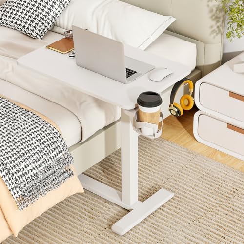 Tangkula Mobile Standing Desk, Pneumatic Height Adjustable Rolling Desk with Cup Holder & Headphone Hook, Overbed Table with Hidden Wheels, Laptop Computer Cart for Couch, Home, Office (White) Tangkula