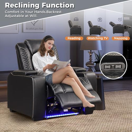 EBELLO Power Home Theater Seating, Electric Gaming Recliner Chair with Adjustable Headrest, Faux Leather Movie Reclining Chairs with Cup Holders LED Lights,USB Port,Hidden Arm Storage, Black EBELLO