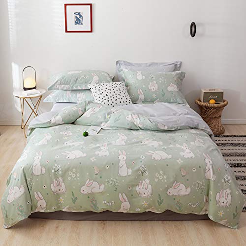 BlueBlue Rabbit Kids Duvet Cover Set, 100% Cotton Bedding for Boys Girls Teens Single Bed, Cartoon White Rabbit Flower Pattern Print on Light Green, 1 Comforter Cover 2 Pillowcase (Twin, Cute Rabbit) BlueBlue
