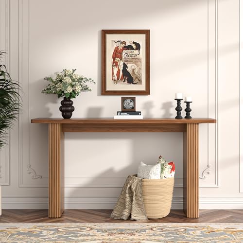 Fluted Narrow Console Table, Mid Century Modern Long Entryway Table, Farmhouse Entry Way Couch Table Behind Sofa, Easy Assembly, 60 Inch, for Living Room, Hallway, Entrance, Wooden, Walnut Xyulmeo