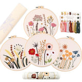 REEWISLY 4ps Embroidery Starter kit with Flowers Patterns and Instructions, DIY Adult Beginner Cross Stitch Kits, Including 2 Plastic Embroidery Hoop, 1 Pair of Scissors, Colored Threads and Needles