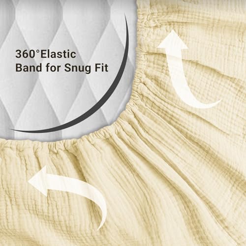 100% Muslin Cotton Cream Fitted Sheet Twin Only with 16" Elastic Deep Pocket, 1 Pack Soft Breathable Absorbent Gauze Single Fitted Bottom Sheet, Minimalist Fluffy Wrinkle Mattress Protector YASMENG