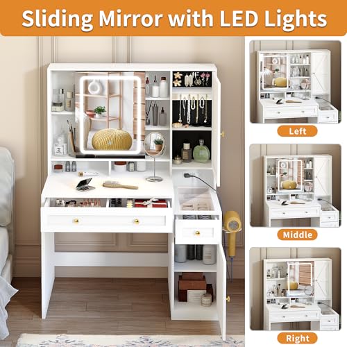 Pamapic Glass Top Sliding Mirror Vanity Desk with Lights, Makeup Vanity with Jewelry Storage, 3 Drawers, 12 Compartments, Golden Handles, 3 Color Dressing Table with Charging Station, Bedroom, White Pamapic